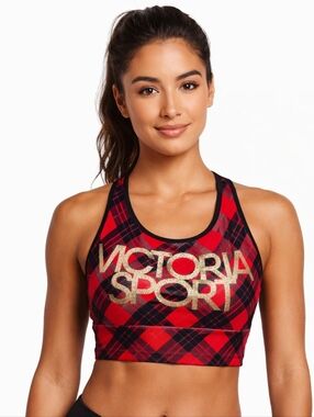 Victoria Sport Plaid Sports Bra M Red Black Gold Logo Racerback Athletic